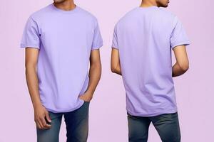 Photo realistic male purple t-shirts with copy space, front, and back view. ai generated