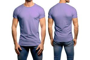 Photo realistic male purple t-shirts with copy space, front, and back view. ai generated