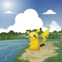 Yellow Mouse Anime Character Fishing vector