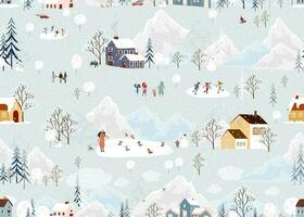 sin costura modelo invierno paisaje, celebrando Navidad y nuevo año 2024 en pueblo a noche con contento personas jugando hielo patinar en el parque, vector horizontal bandera invierno mundo maravilloso en campo