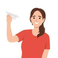sonriente mujer con papel avión en manos. mujer de negocios con papeleo avión. vector