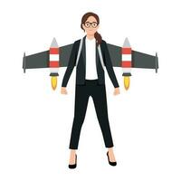 Businesswoman with jetpack and graph fling up. vector