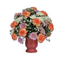 Fresh summer flower arrangement in the pink pot container isolated on white background photo