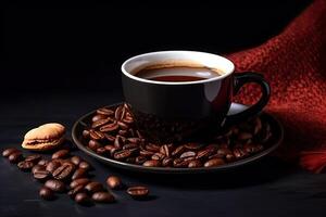 Cup of coffee on wooden background. Top view with copy space. photo