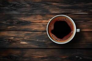 Cup of coffee on wooden background. Top view with copy space. Generative AI photo