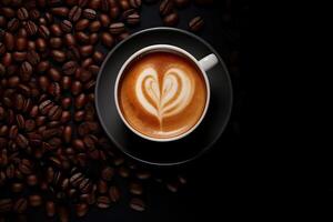 Cup of coffee on wooden background. Top view with copy space. photo