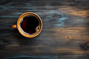 Cup of coffee on wooden background. Top view with copy space. Generative AI photo