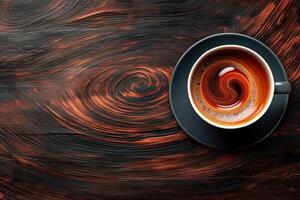 Cup of coffee on wooden background. Top view with copy space. Generative AI photo