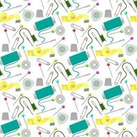 Seamless pattern using sewing thread on a white background. Reels with threads, measuring tape, needles, bobbins in retro style. Scattered on the surface. Suitable for work in sewing workshops vector