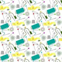 Seamless pattern using sewing thread on a white background. Reels with threads, measuring tape, needles, bobbins in retro style. Scattered on the surface. Suitable for work in sewing workshops vector