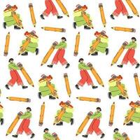 A pattern of different young people holding large pencils with a seamless pattern. Happy young students write, draw. The concept of education. Knowledge Day, September. Back to school. Vector