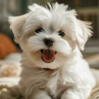 A reddish white maltese puppy with her tongue out photo