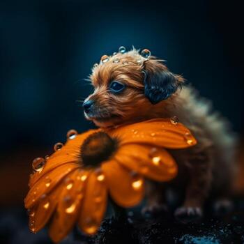 A tiny puppy balancing on the tip of a bright orange flower photo