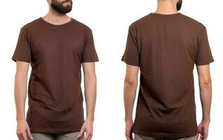 Photo realistic male brown t-shirts with copy space, front, and back view. ai generated