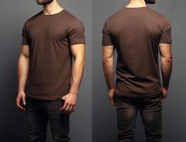 Photo realistic male brown t-shirts with copy space, front, and back view. ai generated