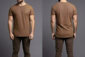 Photo realistic male brown t-shirts with copy space, front, and back view. ai generated
