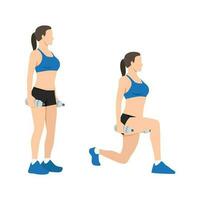 Woman doing exercise in Reverse Lunge pose with a water bottle. vector