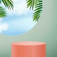 Summer Studio Background,3D Window Display Stand podium with Palm Leaves,Sky and Cloud on Green Wall,Vector minimal backdrop design for Spring, Summer Product Presentation,Sale,Promotion,Holiday Event vector