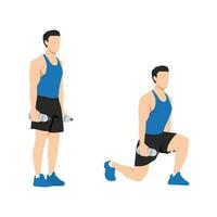 Man doing exercise in Reverse Lunge pose with a water bottle. vector