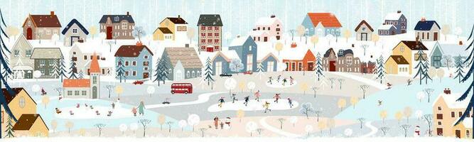 Christmas background,Winter Landscape in Christmas eves at night in City,Vector cute cartoon Winter Wonderland in the town,People celebration in the park on New Year,Banner Design for Holiday season vector