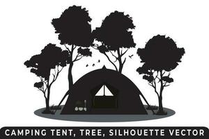 Camping tent silhouette vector, Tent and tree vector, Campsite silhouette, Outdoor adventure vector, Camping tent icon, Forest silhouette vector, Night camping scene, Night camping silhouette. vector