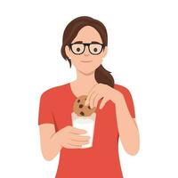 Young woman hold glass of milk with cookie. vector