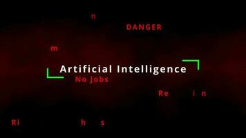 Danger of Artificial Intelligence tag cloud and word cloud with artificial intelligence terms like neural networks, conversational, ethical or human friendly algorithms contrast threats or domination video