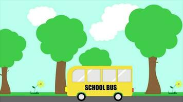 colegio autobús Moviente en el calle con un azul cielo antecedentes y arboles y girasoles, amarillo colegio autobús video, adecuado para educativo contenido y espalda a colegio anuncio publicitario, bueno para niños canciones video