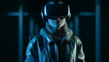 uno mujer jugando futurista vídeo juego con inteligente lentes en generativo ai foto
