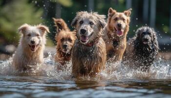 A playful golden retriever running and splashing in the water generative AI photo