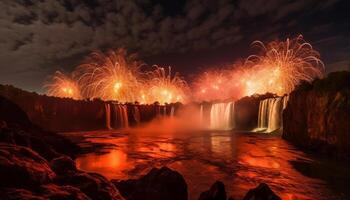 llameante hoguera ilumina el oscuro, reflejando belleza en naturaleza paisaje generativo ai foto