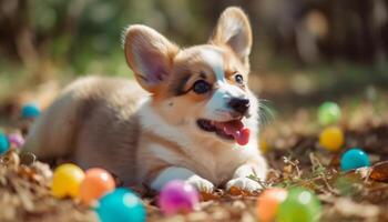 A playful puppy enjoys the sunshine in a colorful meadow generative AI photo