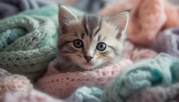 Soft, fluffy kitten playing with wool toy in cozy studio photo