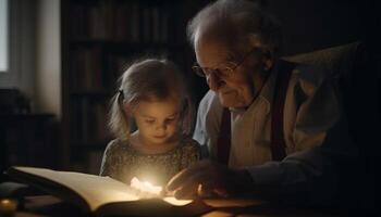 abuelo y nieta unión terminado libro, aprendizaje adentro con familia generativo ai foto