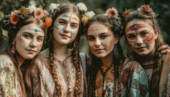 un grupo de alegre muchachas en vistoso disfraces disfrutando Víspera de Todos los Santos generativo ai foto