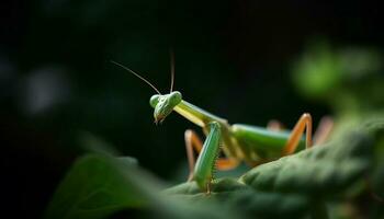 Spooky yellow locust praying on leaf, extreme close up magnification generative AI photo