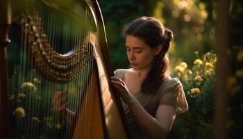 un alegre joven mujer jugando un cuerda instrumento al aire libre, sonriente generativo ai foto