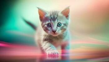 Cute kitten staring with curiosity, playing in nature beauty generative AI photo