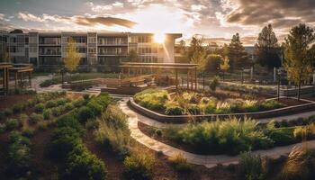 un moderno edificio exterior soportes alto en un formal jardín generativo ai foto