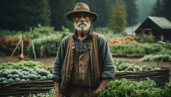 Active senior farmer holding fresh organic vegetables in rural garden generative AI photo