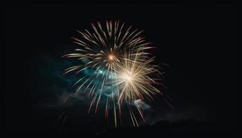 cuarto de julio celebracion encendido vibrante Fuegos artificiales mostrar, esclarecedor noche cielo generativo ai foto