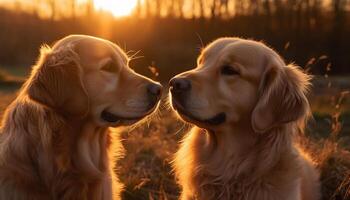 Two playful golden retrievers enjoy the summer sun in meadow photo