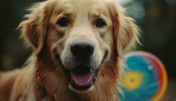 A playful young golden retriever sitting outdoors, smiling at camera generative AI photo