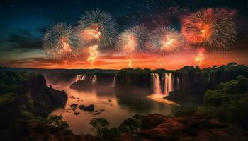 Fireworks explode in multi colored celebration, illuminating the summer night sky generative AI photo