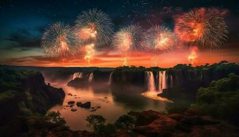 fuegos artificiales explotar en multi de colores celebracion, esclarecedor el verano noche cielo generativo ai foto