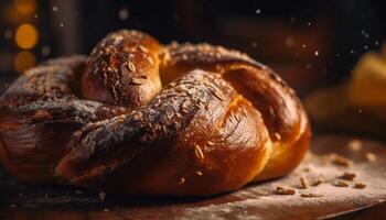 Freshly baked baguette on rustic cutting board, perfect for lunch photo