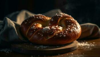 recién horneado todo trigo rosquilla con sésamo semillas, un sano bocadillo generativo ai foto