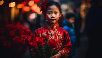 A joyful celebration of Chinese culture with smiling women outdoors generative AI photo