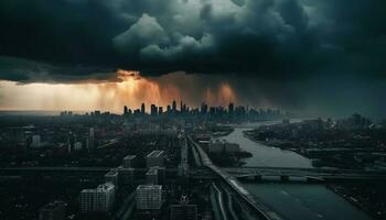 majestuoso tormenta en el antecedentes de un grande ciudad generativo ai foto