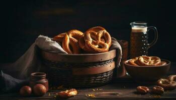 delicious pretzels in basket scene generative AI photo